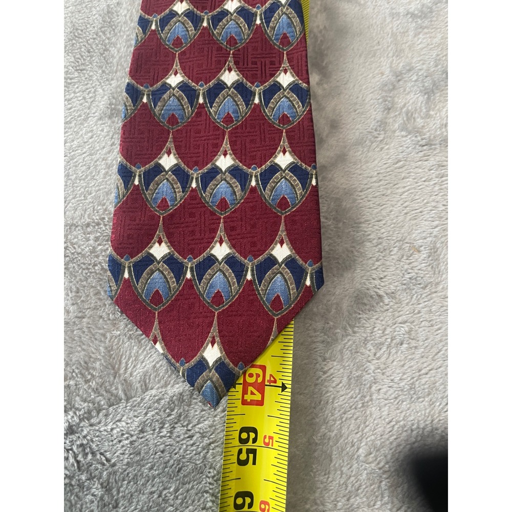 Boston Traders Men's 100% Silk Necktie Burgundy Blue Geometric Pattern - Picture 6 of 8